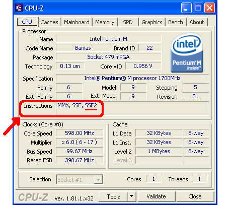 CPU-Z output with SSE2