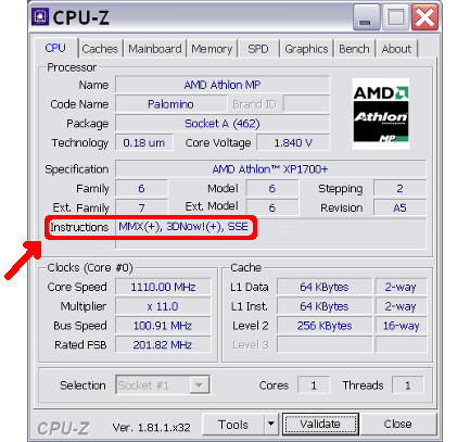 CPU-Z output with no SSE2
