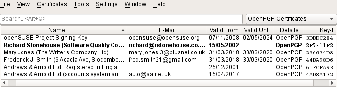 screen shot of OpenPGP key ring